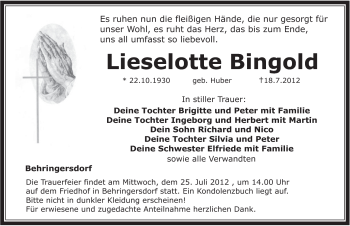 Traueranzeige von Lieselotte Bingold von Pegnitz-Zeitung